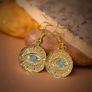Gold Evil Eye Earrings w Turquoise